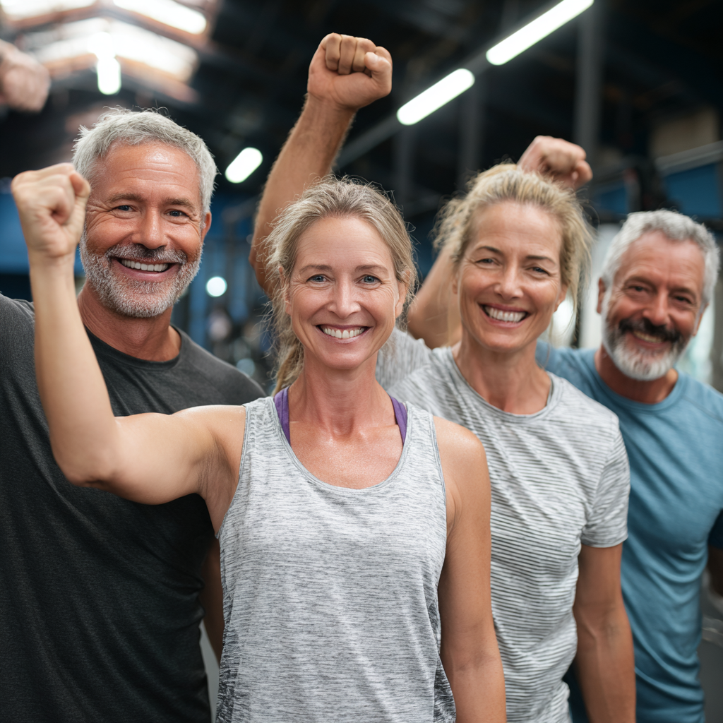 Group of middle-aged adults celebrating fitness achievements together